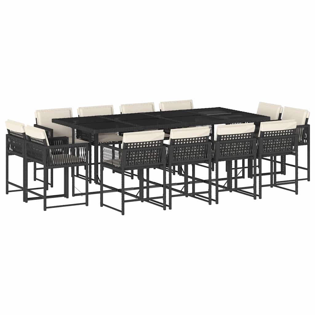 13 Piece Garden Dining Set with Cushions Black Poly Rattan
