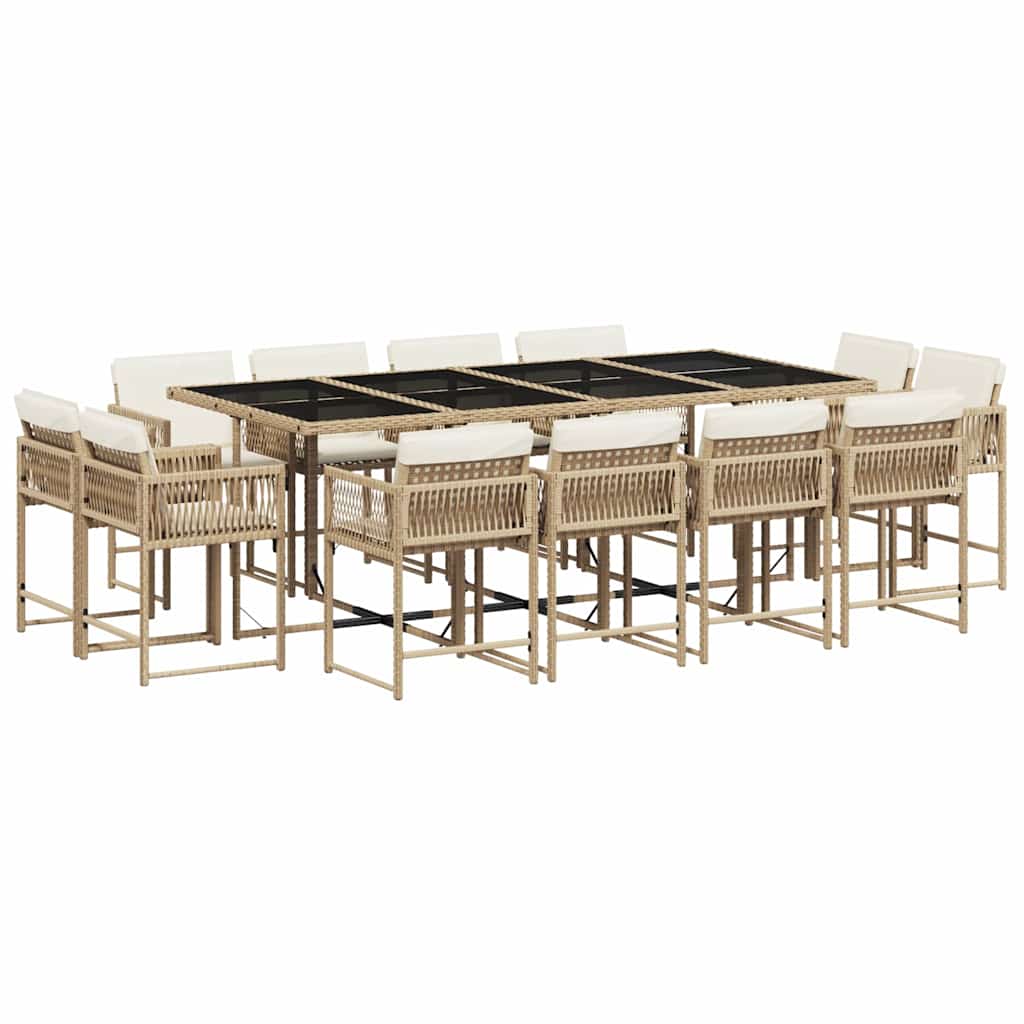 13 Piece Garden Dining Set with Cushions Beige Poly Rattan