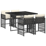5 Piece Garden Dining Set with Cushions Black Poly Rattan - Front View