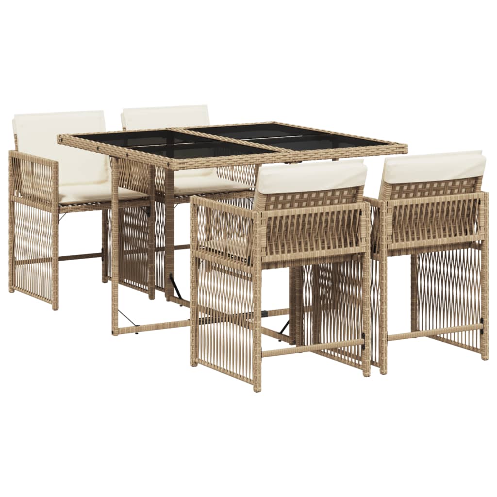 5 Piece Garden Dining Set with Cushions Beige Poly Rattan
