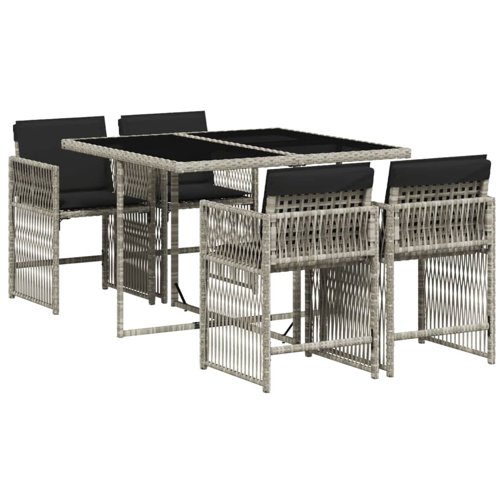 5 Piece Garden Dining Set with Cushions Light Grey Poly Rattan