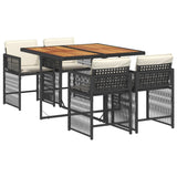 5 Piece Garden Dining Set with Cushions Black Poly Rattan - Front View