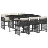 7 Piece Garden Dining Set with Cushions Black Poly Rattan - Front View