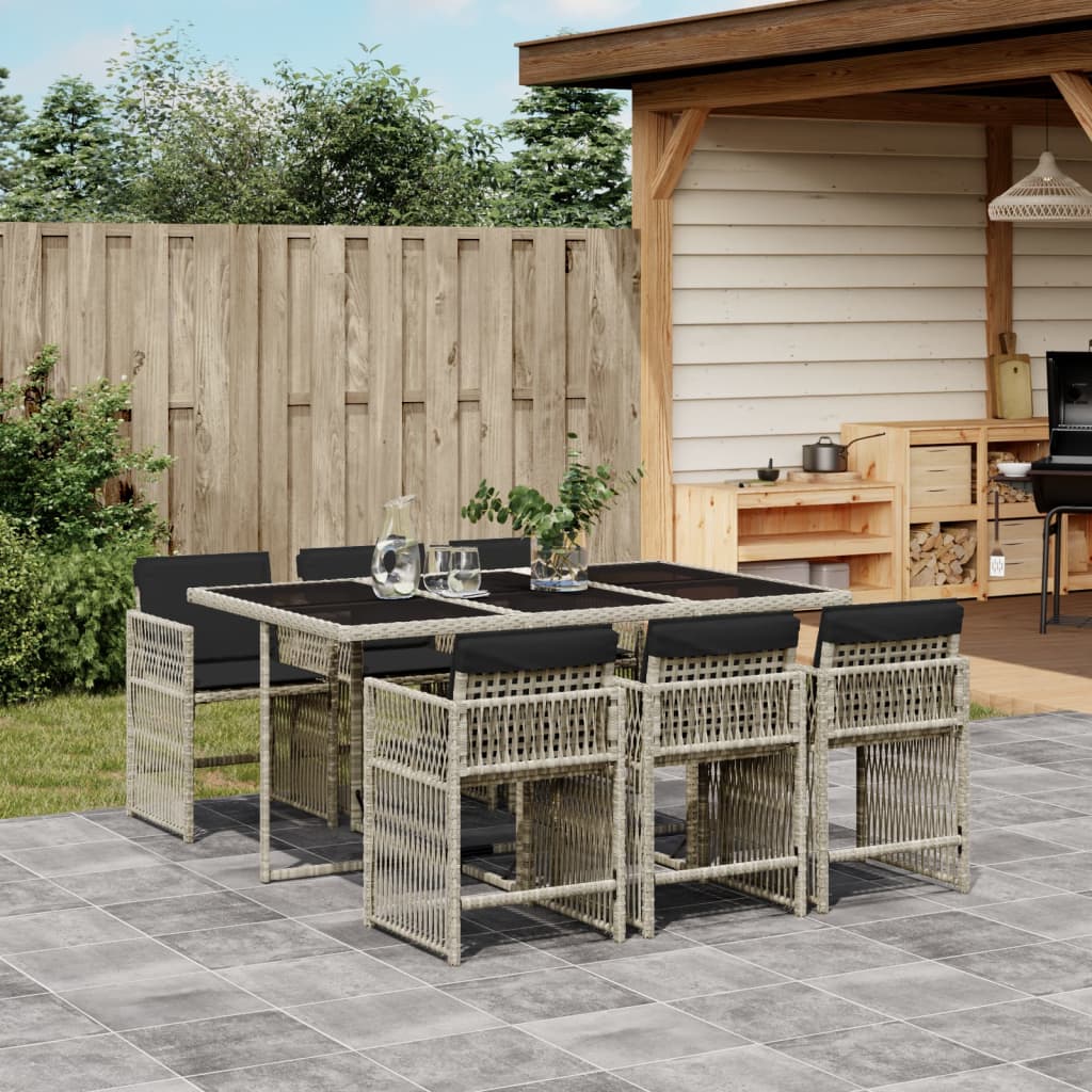 7 Piece Garden Dining Set with Cushions Light Grey Poly Rattan
