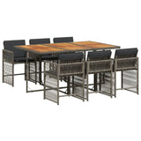 7 Piece Garden Dining Set with Cushions Grey Poly Rattan - Front View