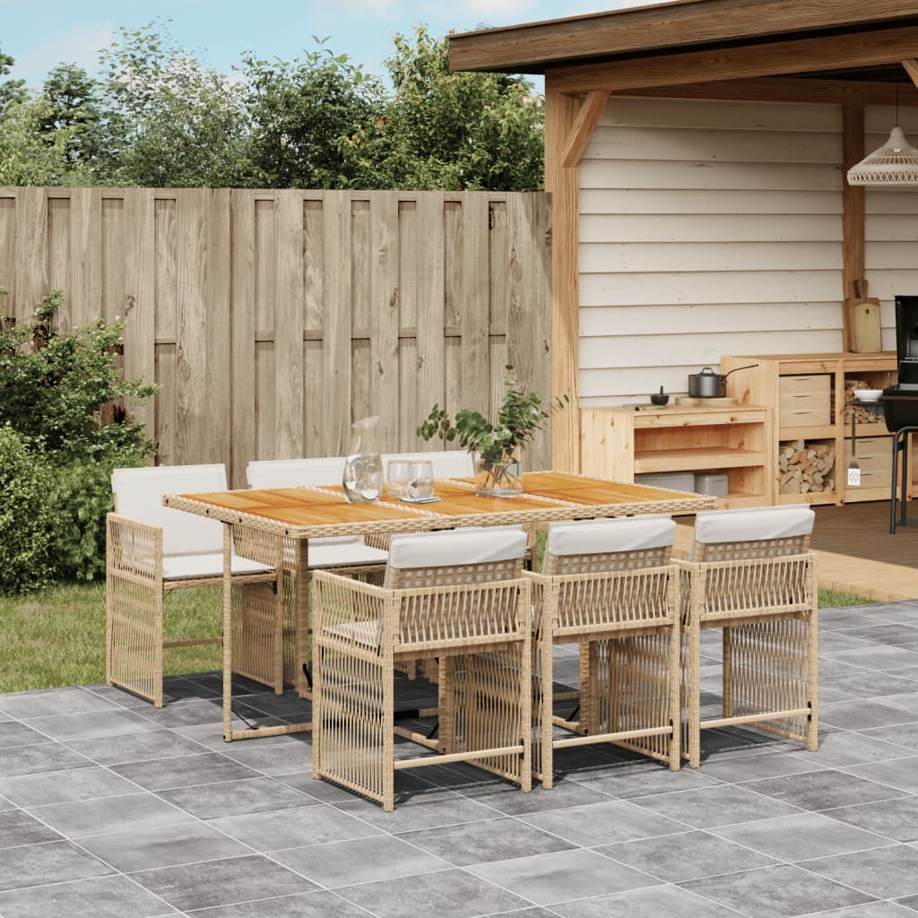 7 Piece Garden Dining Set with Cushions Beige Poly Rattan