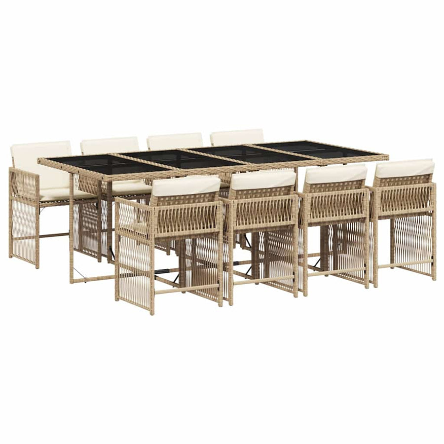 9 Piece Garden Dining Set with Cushions Beige Poly Rattan