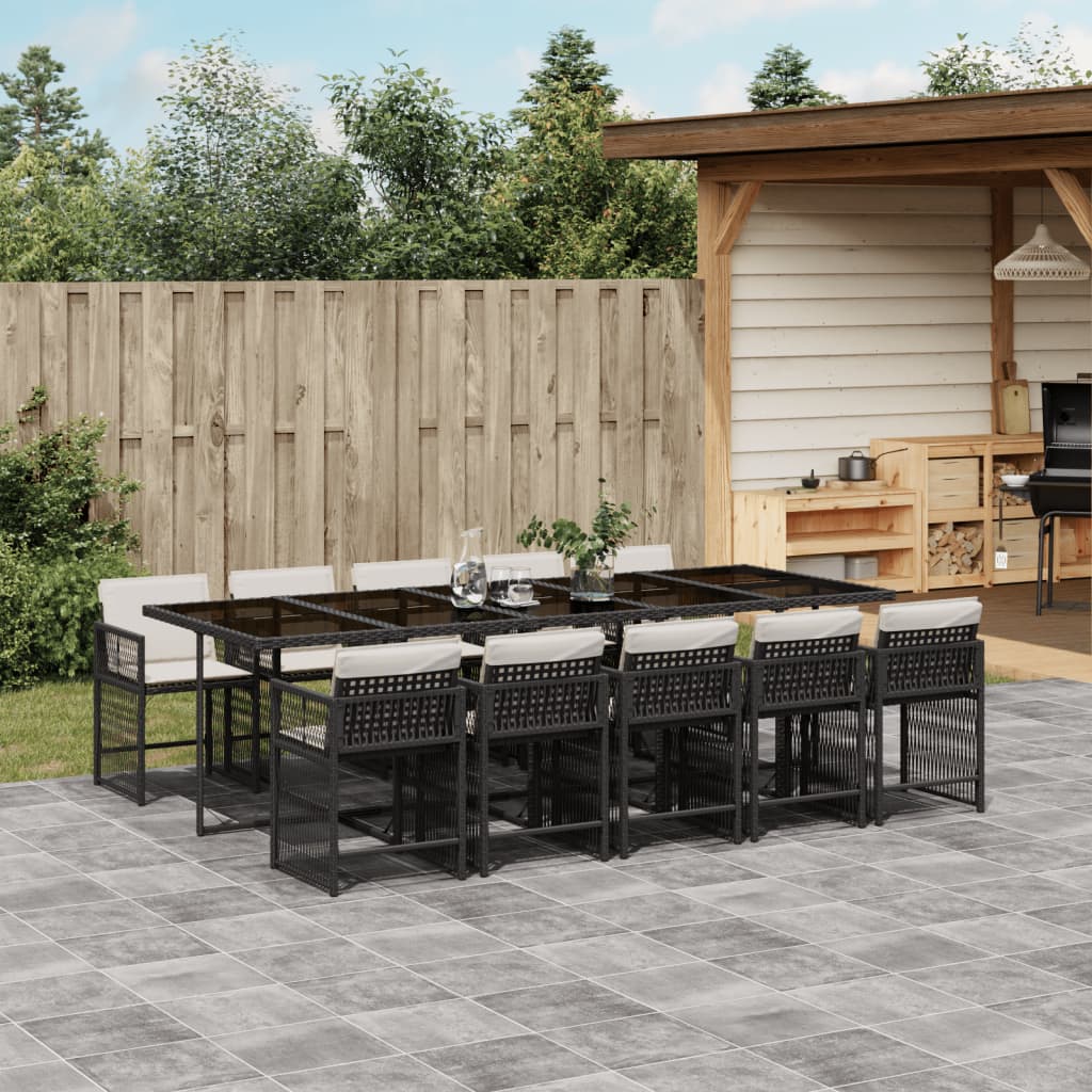 11 Piece Garden Dining Set with Cushions Black Poly Rattan