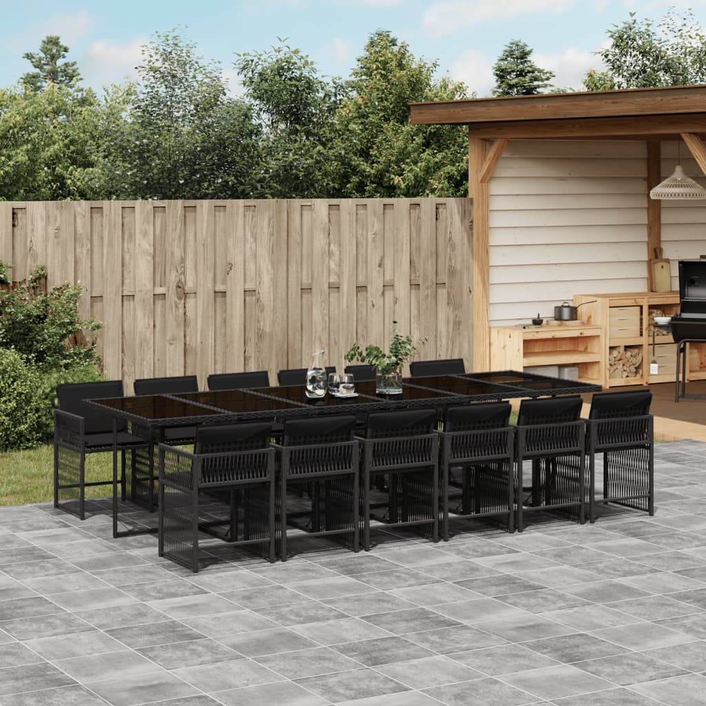 13 Piece Garden Dining Set with Cushions Black Poly Rattan