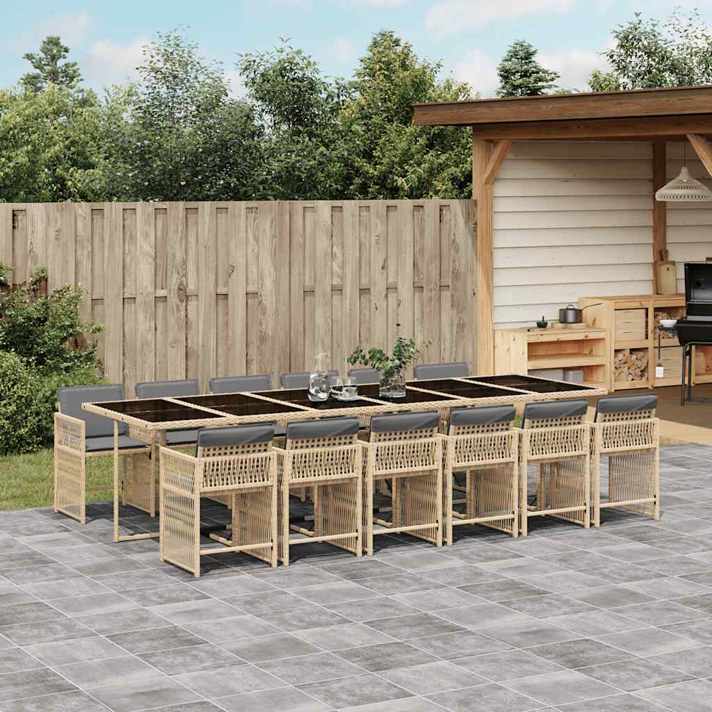 13 Piece Garden Dining Set with Cushions Mix Beige Poly Rattan