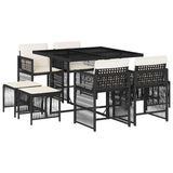 9 Piece Garden Dining Set with Cushions Black Poly Rattan - Front View