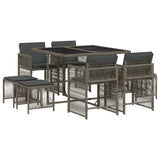 9 Piece Garden Dining Set with Cushions Grey Poly Rattan - Front View