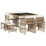 9 Piece Garden Dining Set with Cushions Beige Poly Rattan - Front View