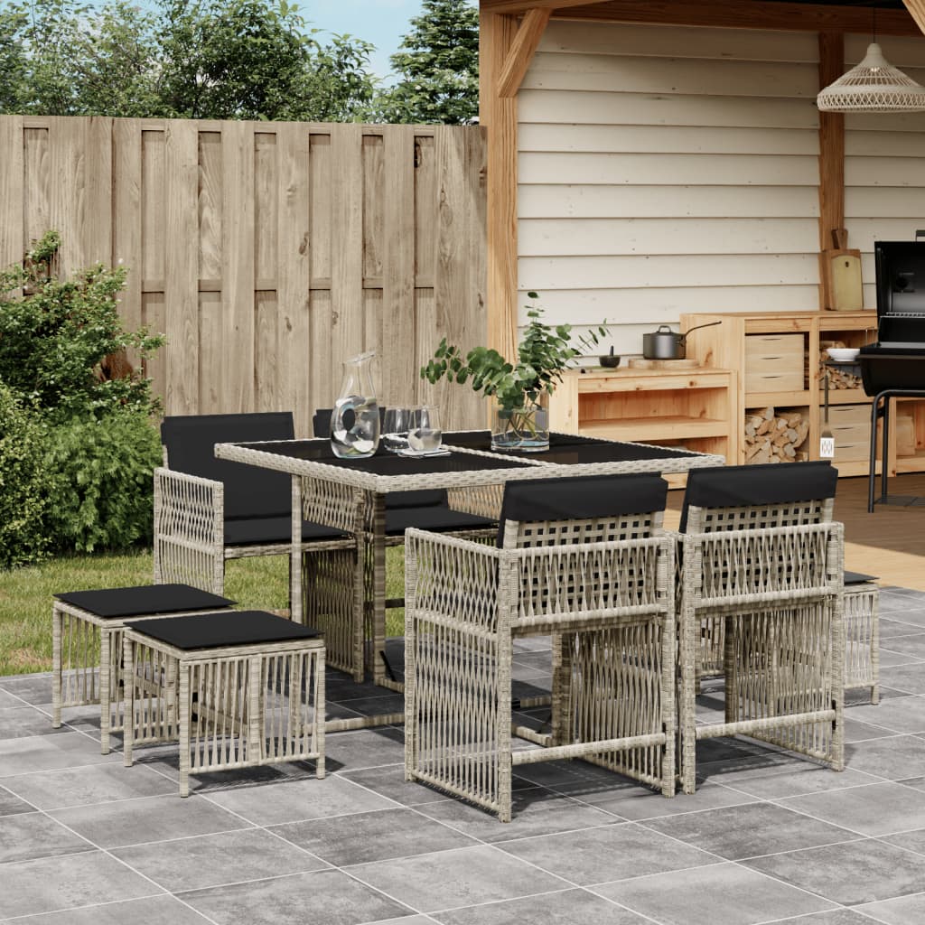 9 Piece Garden Dining Set with Cushions Light Grey Poly Rattan