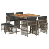 9 Piece Garden Dining Set with Cushions Grey Poly Rattan - Front View
