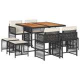 9 Piece Garden Dining Set with Cushions Black Poly Rattan - Front View