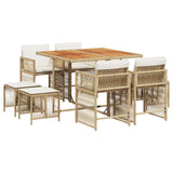 9 Piece Garden Dining Set with Cushions Beige Poly Rattan - Front View