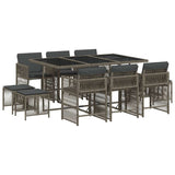 11 Piece Garden Dining Set with Cushions Grey Poly Rattan - Front View