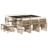 11 Piece Garden Dining Set with Cushions Beige Poly Rattan - Front View
