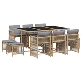 11 Piece Garden Dining Set with Cushions Mix Beige Poly Rattan - Front View
