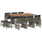 11 Piece Garden Dining Set with Cushions Grey Poly Rattan - Front View