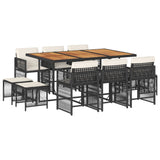11 Piece Garden Dining Set with Cushions Black Poly Rattan - Front View