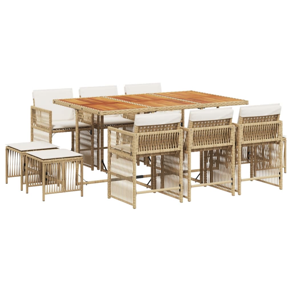 11 Piece Garden Dining Set with Cushions Beige Poly Rattan