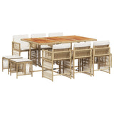 11 Piece Garden Dining Set with Cushions Beige Poly Rattan - Front View
