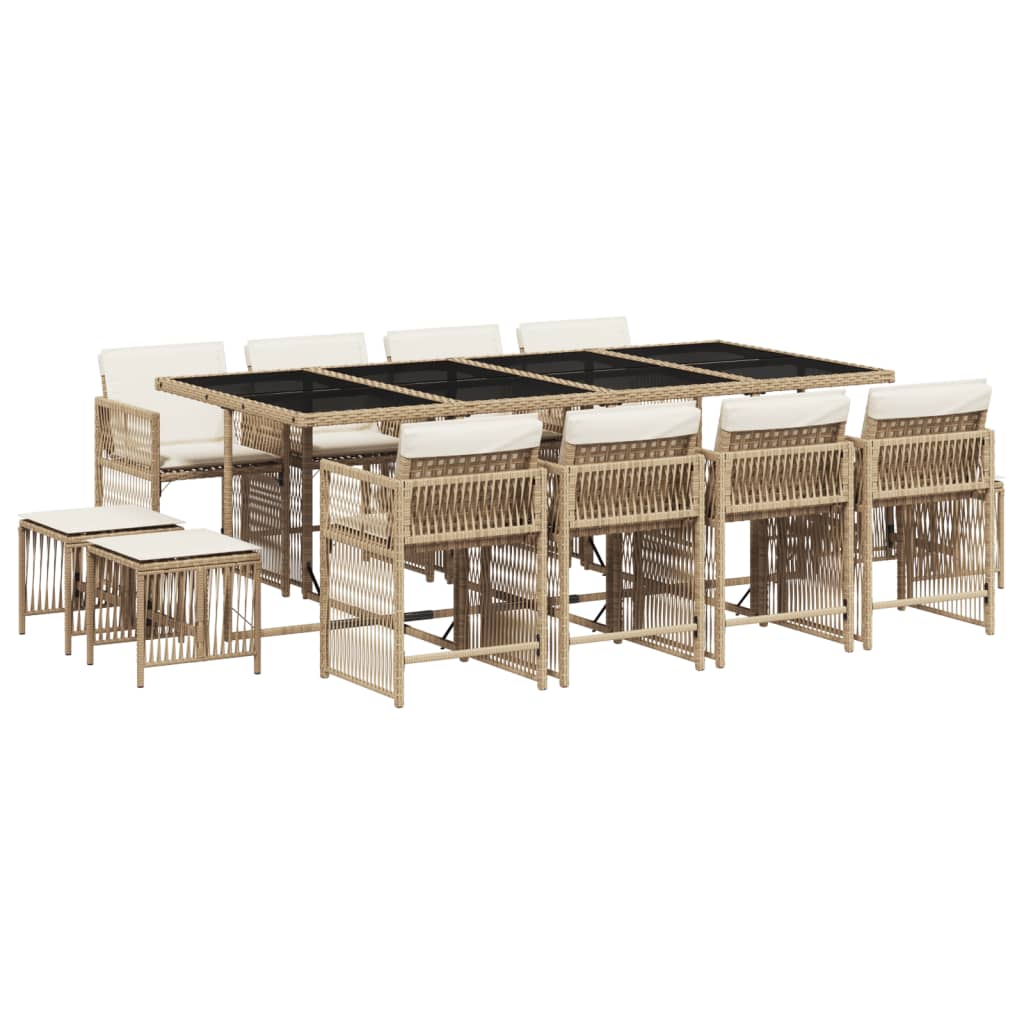 13 Piece Garden Dining Set with Cushions Beige Poly Rattan