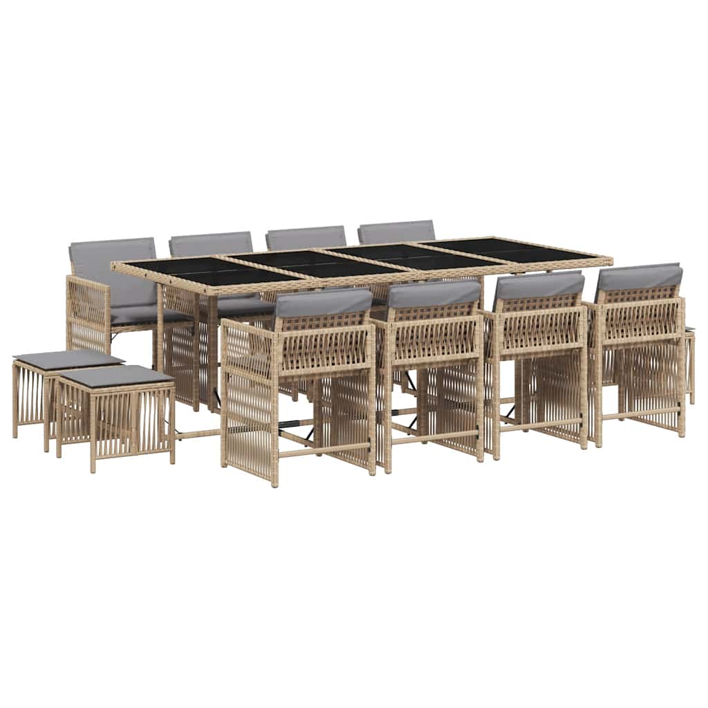 13 Piece Garden Dining Set with Cushions Mix Beige Poly Rattan