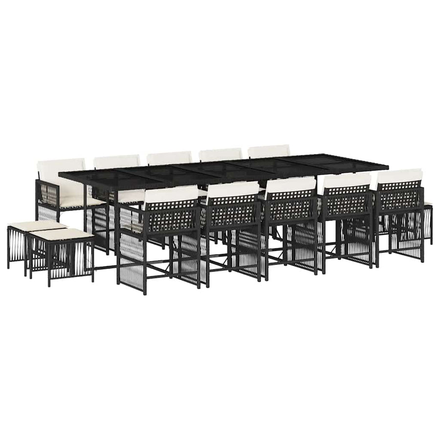 15 Piece Garden Dining Set with Cushions Black Poly Rattan