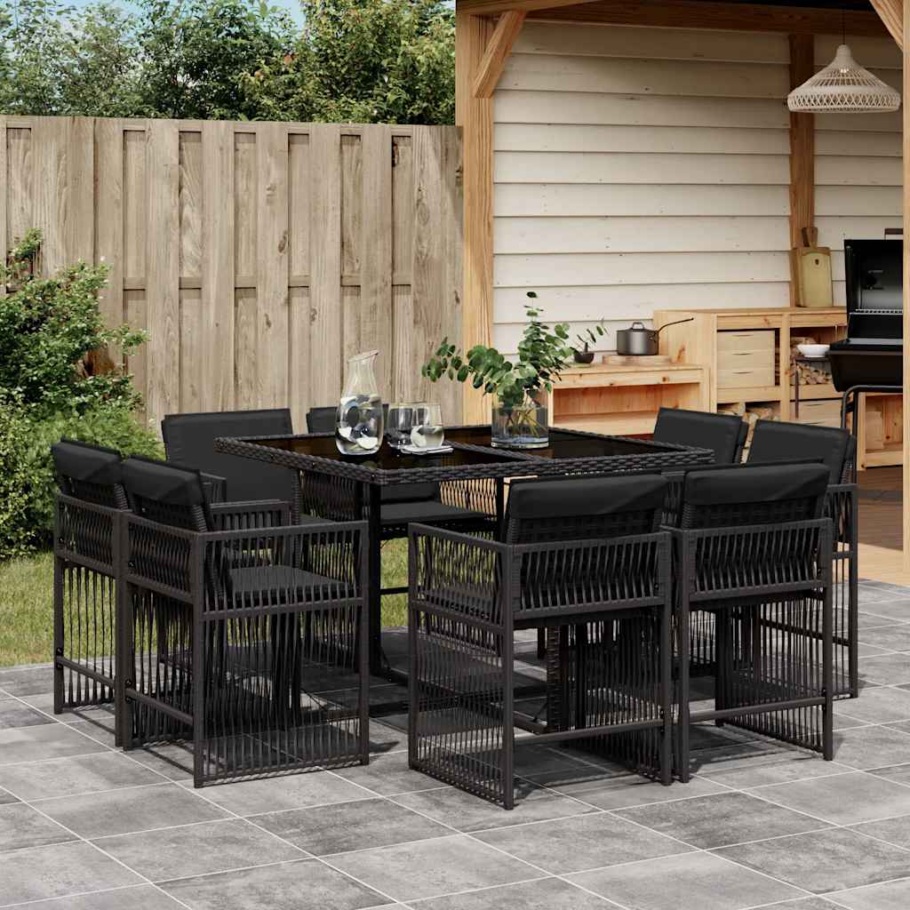 9 Piece Garden Dining Set with Cushions Black Poly Rattan