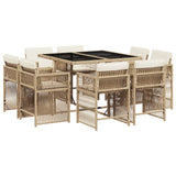 9 Piece Garden Dining Set with Cushions Beige Poly Rattan - Front View