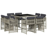9 Piece Garden Dining Set with Cushions Light Grey Poly Rattan - Front View