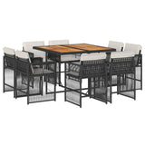 9 Piece Garden Dining Set with Cushions Black Poly Rattan - Front View