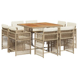 9 Piece Garden Dining Set with Cushions Beige Poly Rattan - Front View