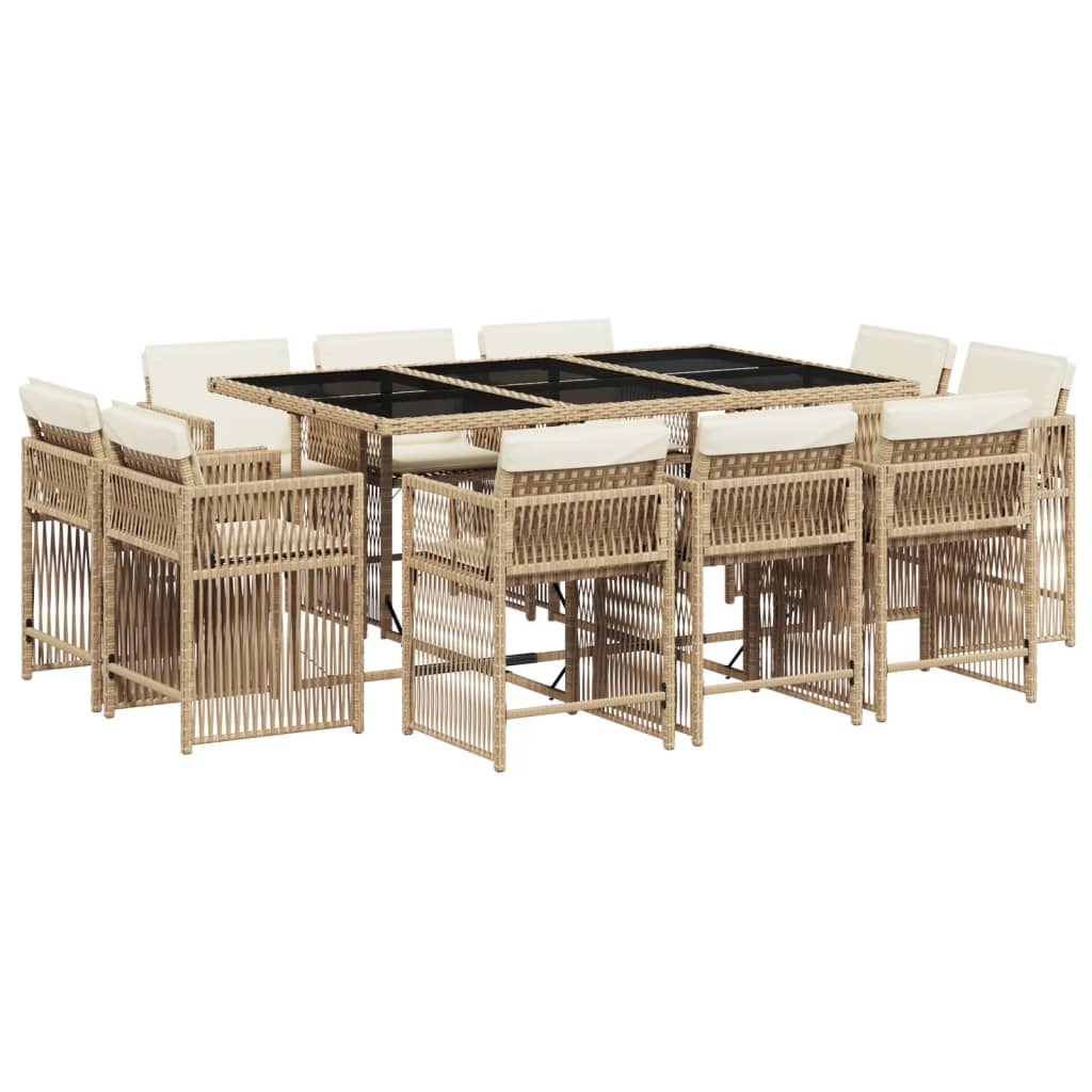 11 Piece Garden Dining Set with Cushions Beige Poly Rattan