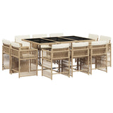 11 Piece Garden Dining Set with Cushions Beige Poly Rattan - Front View