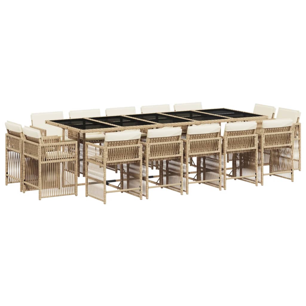 15 Piece Garden Dining Set with Cushions Beige Poly Rattan
