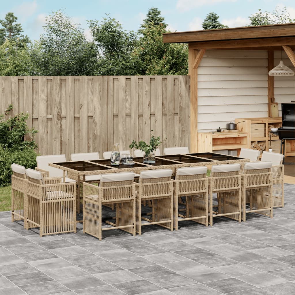 15 Piece Garden Dining Set with Cushions Beige Poly Rattan