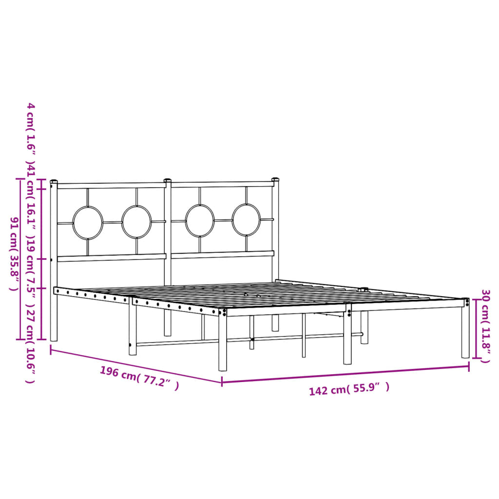 Metal Bed Frame without Mattress with Headboard Black 135x190 cm