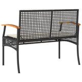 Garden Bench with Cushion Black Poly Rattan Acacia Wood - Rear View