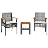 3 Piece Bistro Set with Cushions Black Poly Rattan Acacia Wood - Front View