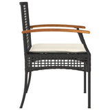 3 Piece Bistro Set with Cushions Black Poly Rattan Acacia Wood - Rear View