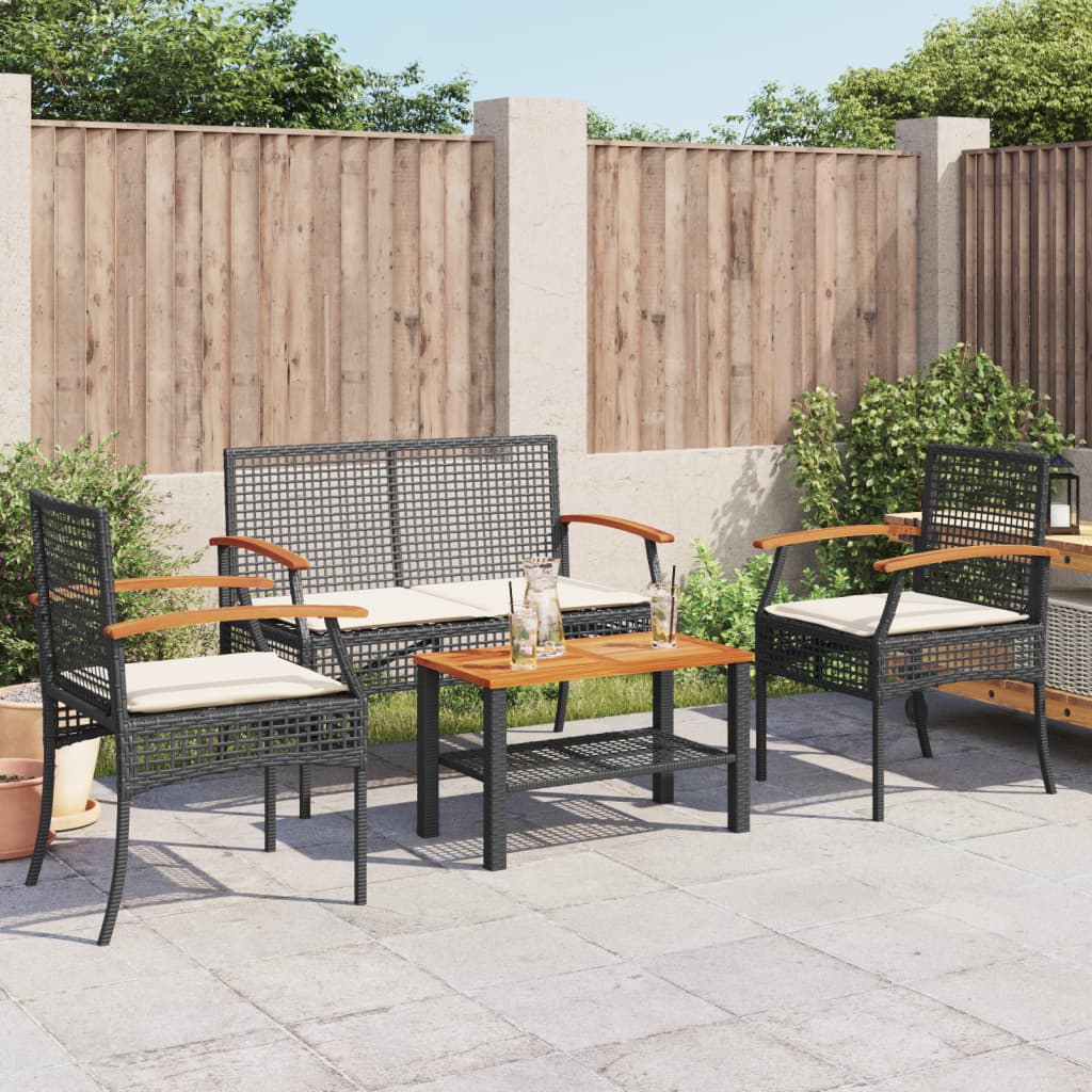 4 Piece Garden Lounge Set with Cushions Black Poly Rattan