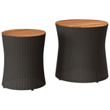 Garden Side Tables 2 pcs with Wooden Top Black Poly Rattan - Front View