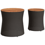 Garden Side Tables 2 pcs with Wooden Top Black Poly Rattan - Rear View