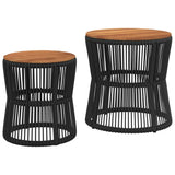 Garden Side Tables 2 pcs with Wooden Top Black Poly Rattan - Front View