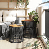Garden Side Tables 2 pcs with Wooden Top Black Poly Rattan - Side View