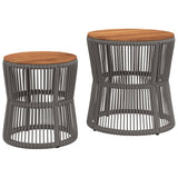 Garden Side Tables 2 pcs with Wooden Top Grey Poly Rattan - Front View